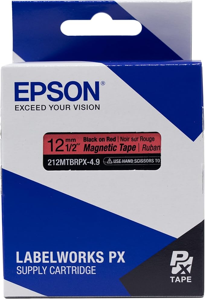 Epson LABELWORKS 212MTBRPX-4.9 Genuine Magnetic Tape Cartridge - Black on Red Magnet Label Maker Tape - 1/2" (12MM) Wide, 4.9 ft, Red