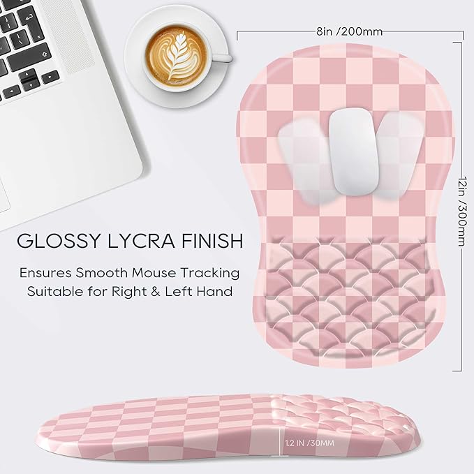 Ergonomic Mouse Pad with Wrist Rest,Slope Design for Pain Relief，Pink Mousepad with Reinforced Memory Foam & Non-Slip Base for Office Desk/Gaming