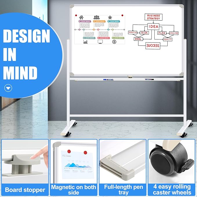 Dry Erase Board with Stand - 48x36 Inches Double-Sided Mobile Whiteboard with Stand, Large White Board on Wheels for Meeting, Training, Rolling Magnetic Whiteboard for Home Office Classroom School