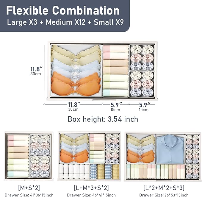 DIMJ Drawer Organizer Clothes 24 Pack - Foldable Baby Organizers and Storage & Dresser Organizer for Bedroom, Closet - Nursery Organization Dresser Dividers for underwear, Sock,Bra, Belt, Tie, White