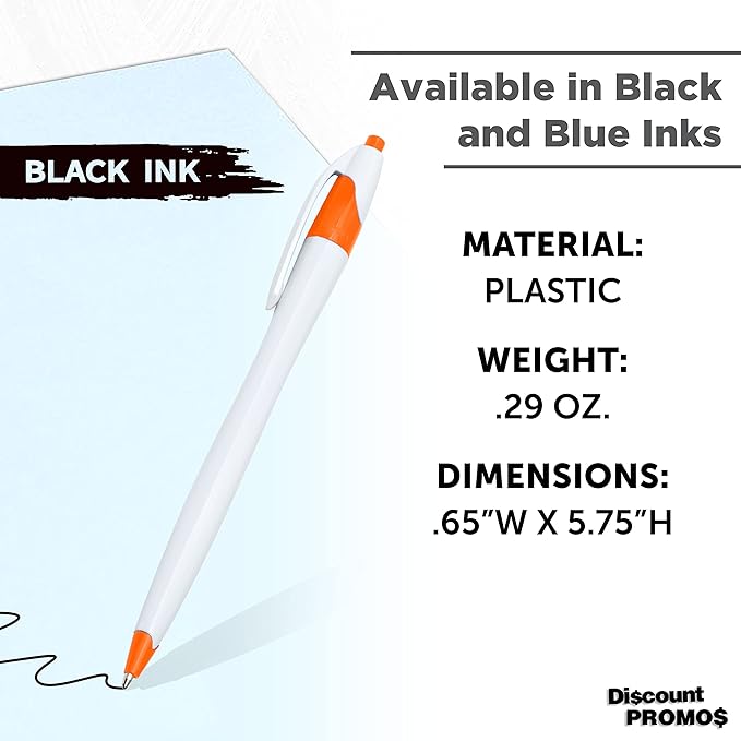 DISCOUNT PROMOS Slim Curvy Ballpoint Pens Set of 10, Bulk Pack - Black Ink, Retractable, Great for Office, School, Tradeshows - Orange