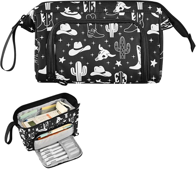 Western Cowboy Black Pencil Case Pouch Big Capacity Pencil Bag Box Organizer Pen Case with Zipper Pencil Boxes for Girls Boys Women School College Office