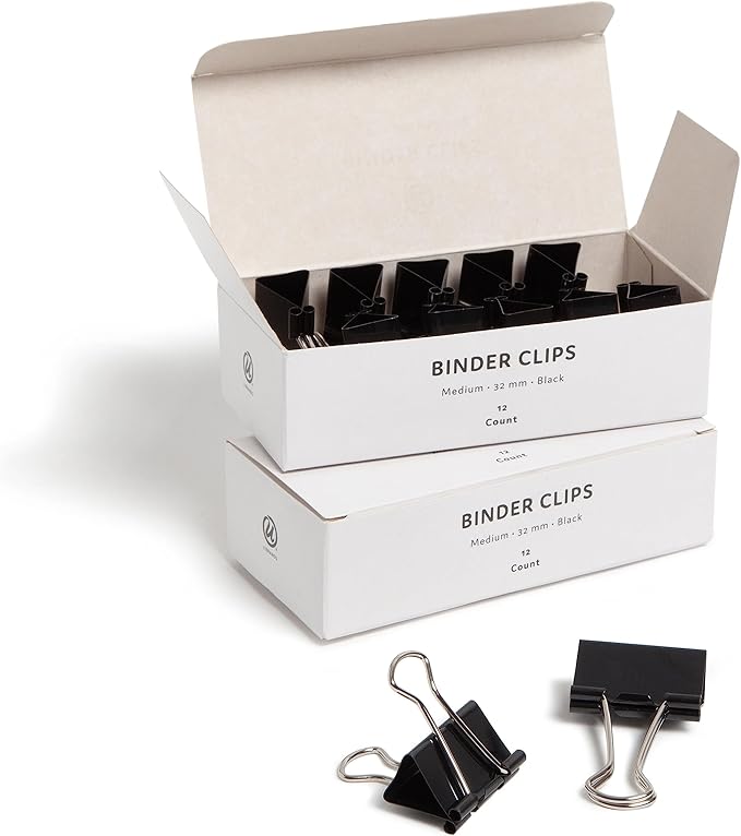 U Brands Binder Clips, Medium 1-1/4-Inch Width, 1/2-Inch Paper Holding Capacity, Black and Silver Steel, 24-Count