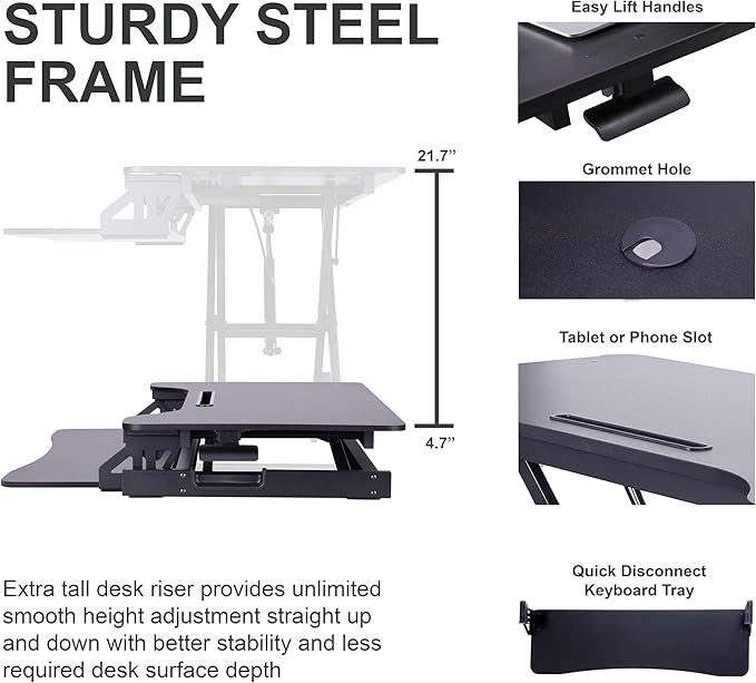 Rocelco 43" Height Adjustable Standing Desk Converter with Premium Dual Monitor Arm Mount - Tall Stand Up Tabletop Riser and Tablet Slot - Computer Workstation - Keyboard Tray - Black (R VADRB-43-MA2)