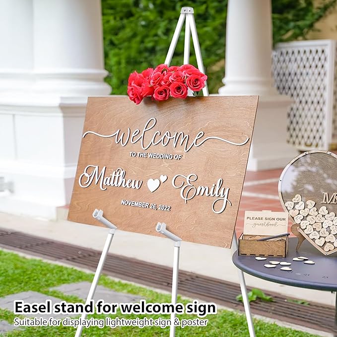 63" White Easel Stand for Wedding Sign Poster Display Easel Folding Art Easel for Floor Adjustable Metal Easel Instant Tripod Easel for Display Painting Wedding Shower Sign Easel, 1Pack