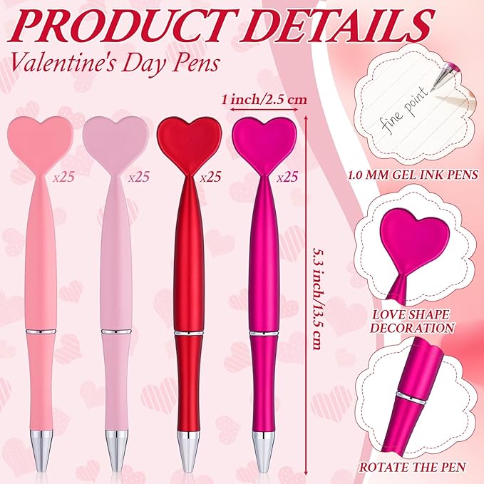 Crtiin 100 Pcs Valentine's Day Heart Shaped Pens Black Gel Ink Novelty Valentine Party Favor 1.0 mm Heart Ballpoint Pens for Men Women Office Valentine's Day Wedding Party Supply (Colorful)