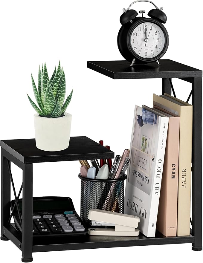 Desk Shelf Organizer, 3 Tier Storage Shelf Riser Display Stand, Wood Desktop Organizer Small Bookshelf, Desktop Shelf for Office Decor and Desk Accessories,Rustic Brown Black