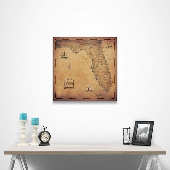 Conquest Maps Push Pin Florida Map Board - With Push Pins to Mark Florida Travel - Handmade in Ohio, USA - Design: Golden Aged