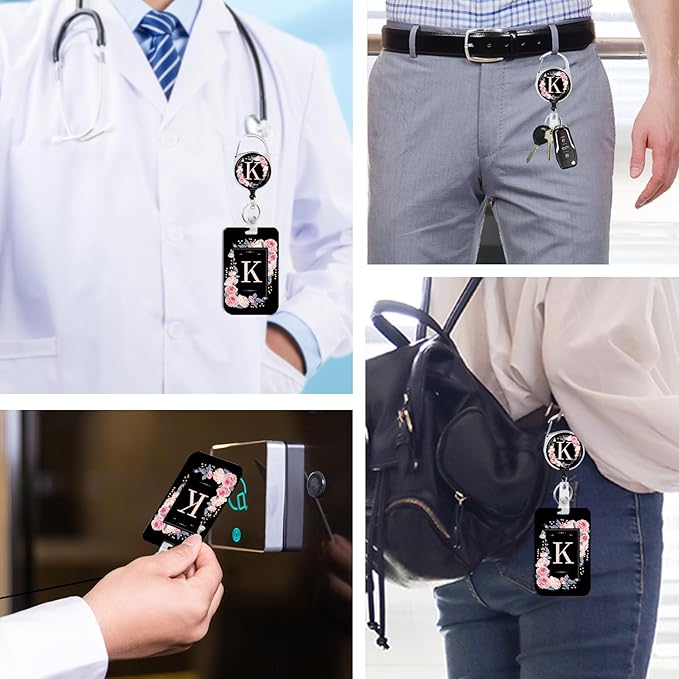 2 Pack A-Z Letter ID Badge Holder with Clip Badge Reels Retractable Heavy Duty,Keychain，ID Holder for School Nurse Office K