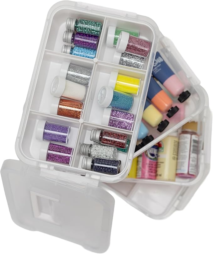 Everything Mary Clear 4-Tier Stackable Snap Box – Portable Plastic Craft Organizer for Paint Bottles, Glitter, Beads, Sewing Notions, DIY Supplies – Clear Storage Container with Handle
