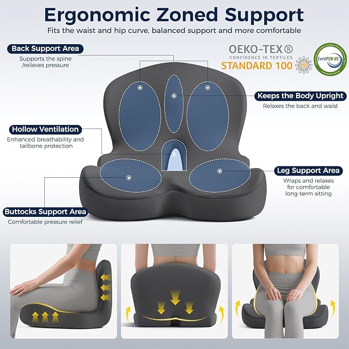 Seat Cushion, Office Chair Cushions for Tailbone Relief, Seat Cushions for Office Chair with L-Shaped Ergonomic Design, Memory Foam Chair Cushion for Long Sitting Office Worker(Dark Gray)