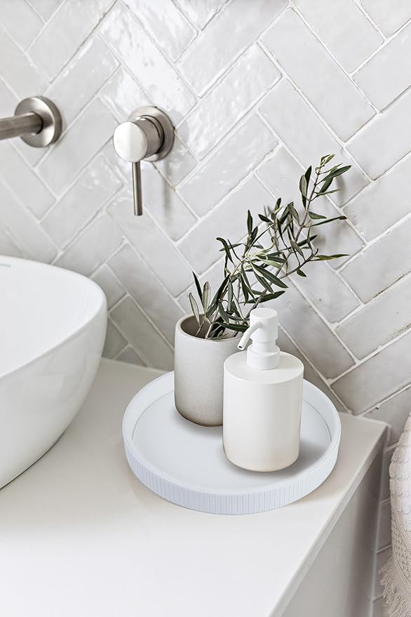 HofferRuffer Round Decorative Tray, Faux Leather Vanity Tray Decor, Decorative Catchall for Perfume, Bathroom Valet, Nightstand or Dresser, 12 x 12 x 1.6 inches (White Stripe)