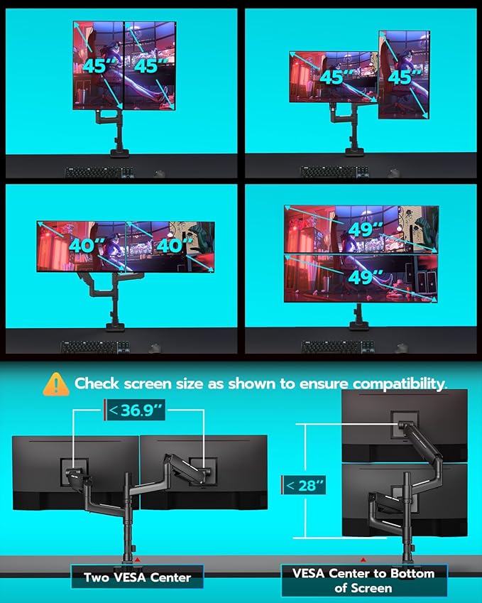 ARES WING Dual Monitor Mount for 17-49 Inch Ultrawide Heavy Duty Curved Screen Stacking, Computer Monitor Arm Desk Mount with USB, Gas Spring Adjustable Vesa Stand, Black