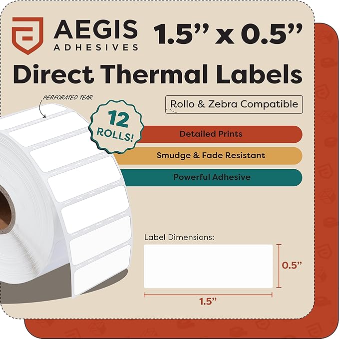 Aegis Adhesives - 1.5" X 0.5" Direct Thermal Labels, Perforated & Compatible with Zebra Desktop Printers - NOT Rollo Compatible (12 Rolls, 2350/Roll)