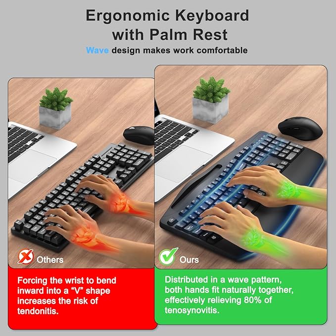 Wireless Keyboard and Mouse Combo, 2.4G Full Size Wave Keys Ergonomic Keyboard with Wrist Rest, Phone Holder, 3-Level DPI Wireless Silent Mouse with 6-Buttons, for Windows, Mac OS, Laptop, PC (Black)