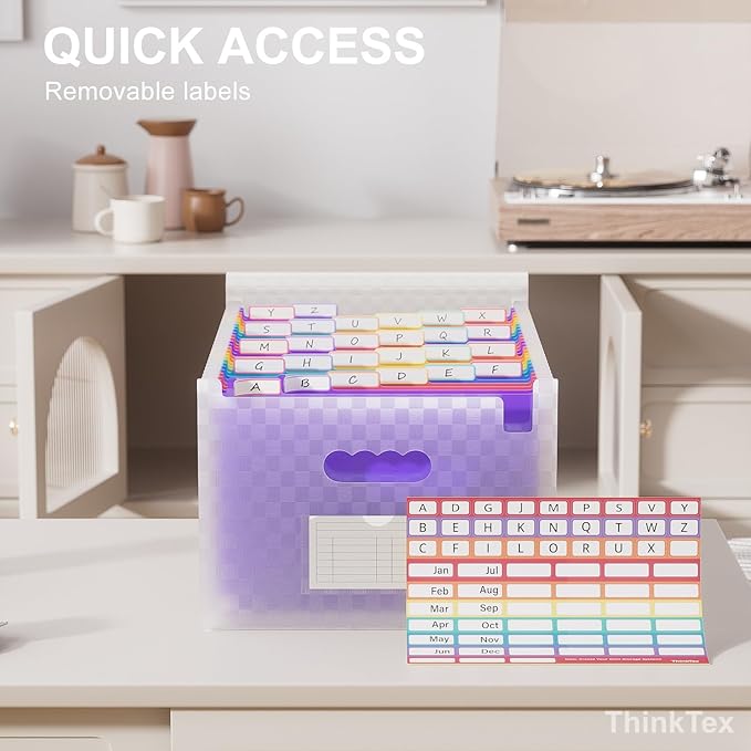 ThinkTex 26 Pockets Expanding File Folders, Accordion File Organizer with Expandable Cover, Monthly Bill Receipt Documents Organizer, A-Z Colorful Tabs, Letter/A4 Size - Purple
