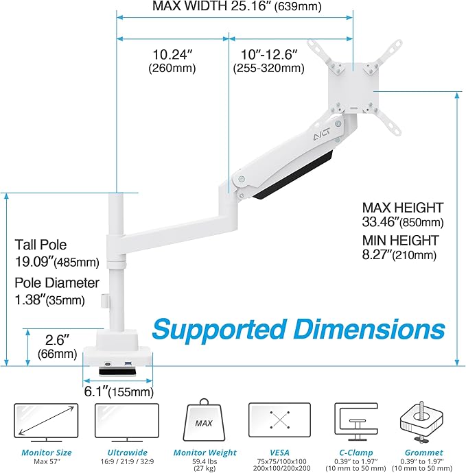 AVLT Single 57 Inch Heavy Duty Monitor Arm Pole Top Mount with USB-C USB-A Ports-White, Height Adjustable, Easy Install Top C-Clamp/Grommet with Reinforcement Plates, VESA Compatible 200/100/75