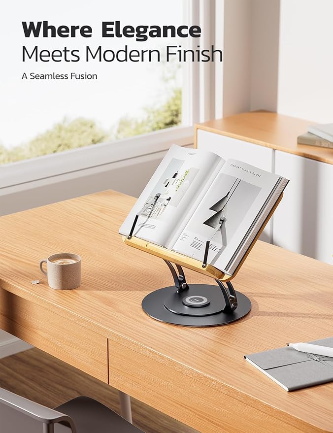 Nulaxy Bamboo 360 Rotating Book Stand for Reading, Adjustable Textbook Holder for Reading Hands-Free, Foldable Desktop Cookbook Stand with Protective Page Clips, Fits All Books - Gray