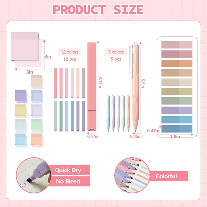Jutom 39 Pcs Aesthetic Book Annotation Kit Highlighter with Pencil Case Bag Gel Pen Transparent Sticky Note Taking Bible Study College School Supplies(Pink,Classic Style)
