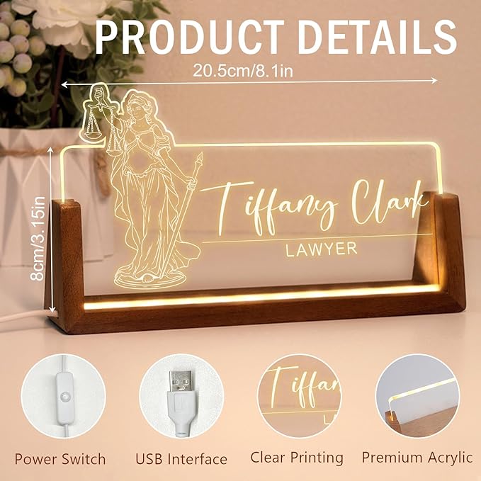 Desk Name Plate Personalized, Custom Office Light Up Name Plate for Lawyer, Desk Decorations for Women Men Office, Employee Appreciation Gifts for Lawyer Coworkers