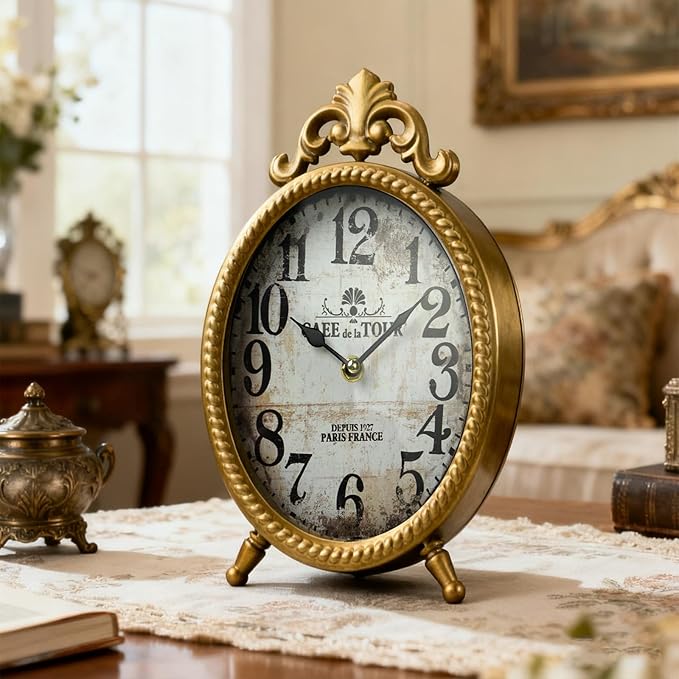 Vintage Gold Table Clock, Retro Oval Desk Clock with Romanesque Frame, Silent Non-Ticking Decorative Clock for Living Room Bedroom Office, Elegant Gift for Home Décor Lovers