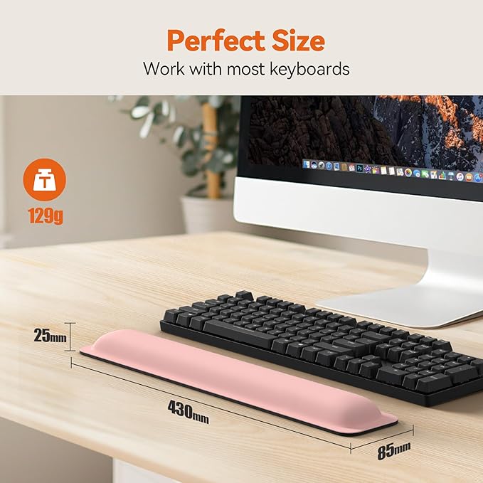 TECKNET Wrist Rest for Computer Keyboard, Thicken Memory Foam Wrist Support Pad for Keyboard, Ergonomic Palm Rest for Pain Relief, Anti-Slip Rubber Base, 17x3.3 in, 1 inch (25mm), Pink