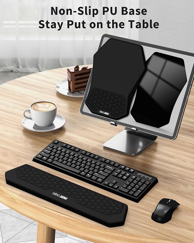 Ergonomic Mouse Pad and Keyboard Wrist Rest Support Set, Massage Design Mousepad for Carpal Tunnel Pain Relief, Memory Foam, Non-Slip PU Base for Computer Desk, Black