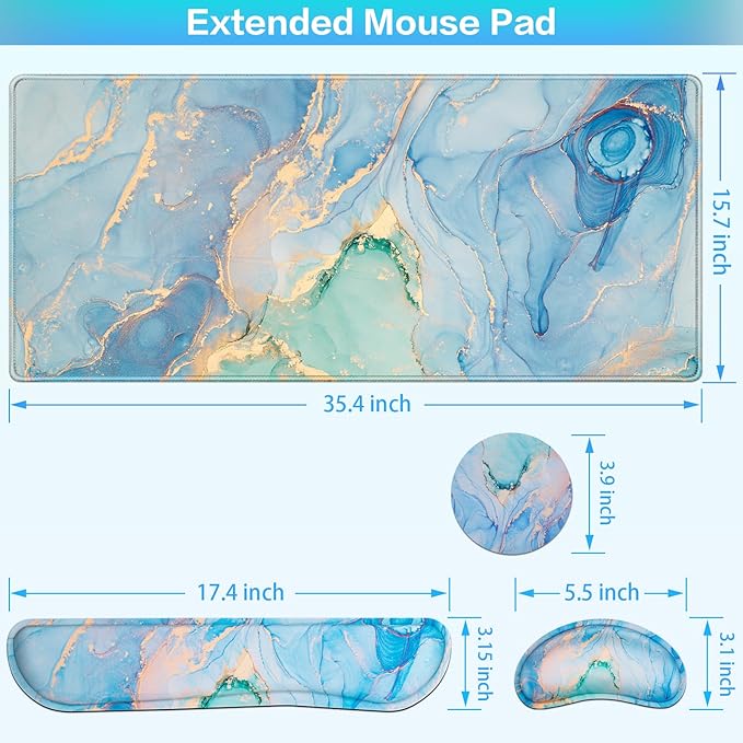 Desk Mat Blue, Large Gaming Mouse Pad with Wrist Rest, 4in1 XXL Mousepad+Keyboard Wrist Rest+Mouse Pad Wrist Support+Cup Coaster Set Ergonomic Computer Desk Arm Wrist for Decor Home Office Table Women
