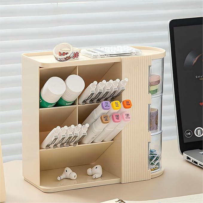 Desk Organizer with 3 Rotatable Drawer, Multi-Functional Pencil Pen Holder for Desk, Desk Organizers and Storage with 4 Slanted Compartments, Desktop Organizer for Office Home Supplies