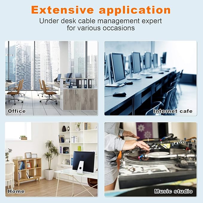 Under Desk Cable Management- 4 Pack Cord Organizer. Metal Wire Cable Management Tray for Office, Studio and Home. Super Sturdy Under Table Cable Managements - Black Cable Organizer