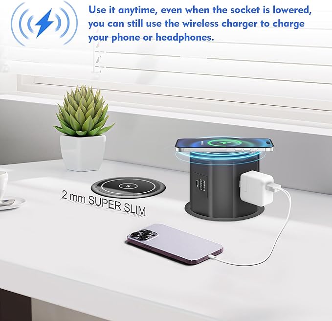 Pop Up Outlet for Countertop with 15w Wireless Charger, 4.7-Inch Pop Up Outlet with 4 Outlets and 2 USB-A, 1 USB-C, Pop Up Power Outlet for Kitchen Countertop, Conference Room, Study Room (Black)