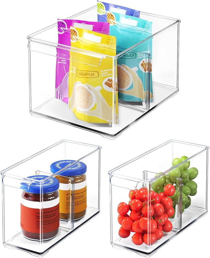 Clear Plastic Storage Bins 3 Pack, Stackable Storage Containers with Dividers, Tall 6" Thicken Storage Drawer Organizer Boxes for Pantry Kitchen Cabinets Fridge Vanity Makeup Craft C6-1