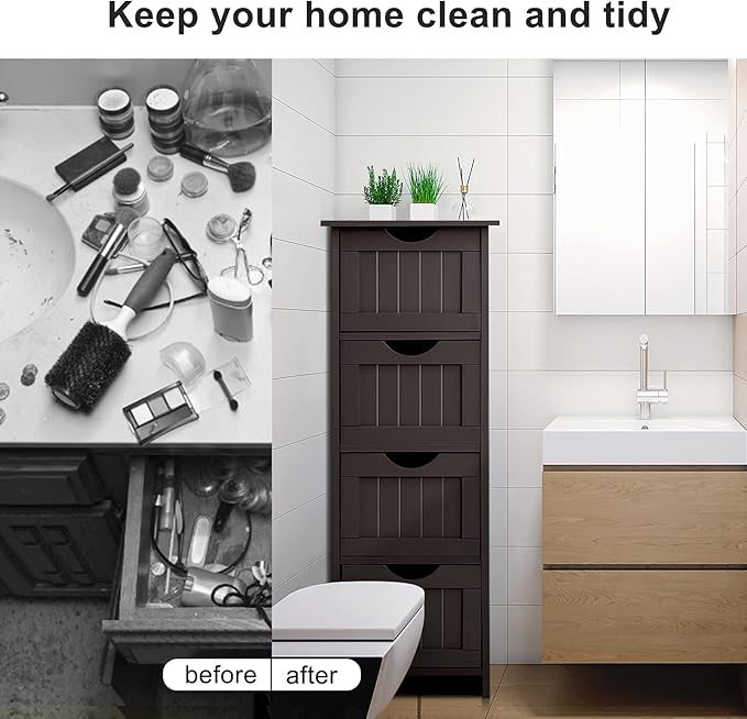 VINGLI Espresso Bathroom Storage Cabinet with 4 Drawers Wooden Freestanding Slim Bathroom Floor Cabinet Small Side Organizer Storage Unit for Restroom Livng Room Kitchen Office Hallway Entryway