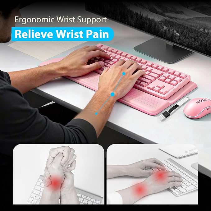 Wrist Rest for Keyboard, Ergonomic Keyboard Stand with Wrist Rest, Soft Memory Foam Wrist pad with Non-Slip Base & Dust Brush, Comfort for Office, Work, Gaming- Pink