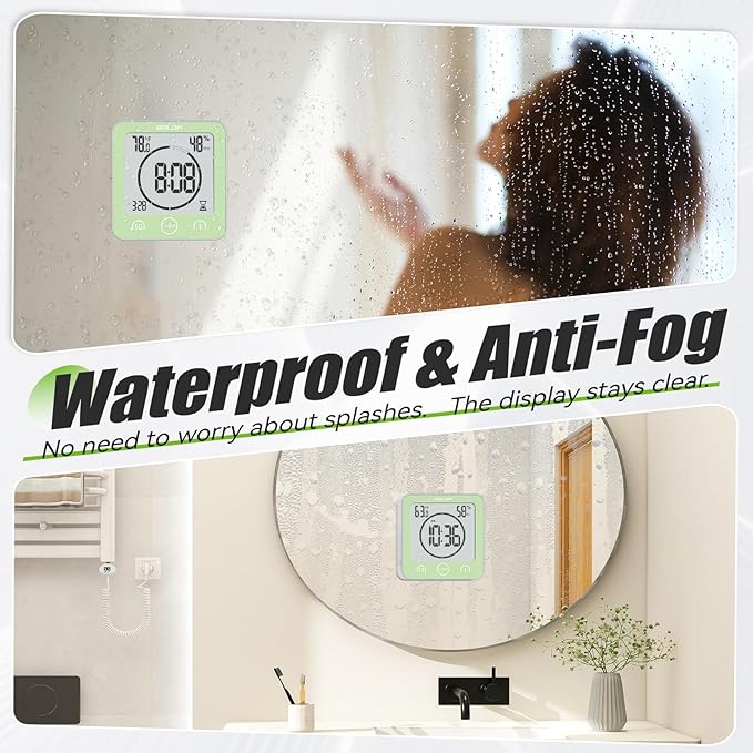 Baldr Shower Clock Waterproof Bathroom Clock with Timer/Temperature/Humidity, Digital Timers for Kids and Adults, Bath Kitchen Study, Green