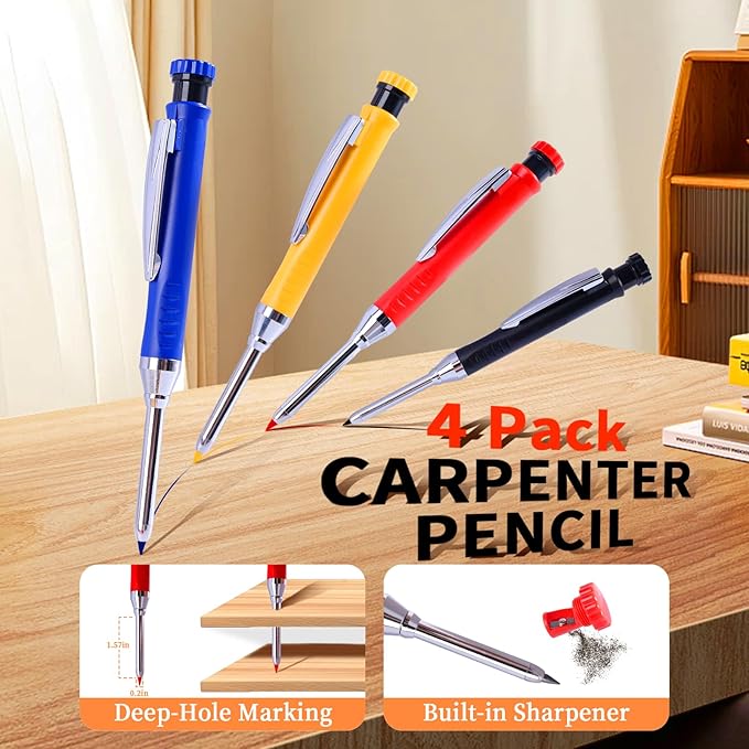 vofauiss 4 Pack Carpenter Pencil with Sharpener, Mechanical Pencils Set with 28 Refills, Construction Pencil Heavy Duty Woodworking Pencils (Red, Black, Yellow, Blue) Deep Hole Long Nib Marker Pens