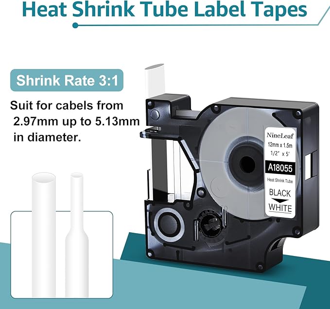 Nineleaf 10 Pack Industrial Heat Shrink Tube 18055 Compatible for DYMO Rhino A18055 12mm 1/2" Black on White Industrial Wire Label Tape for Rhino Pro 3000 4200 5000 5200 6000 3M Label Maker