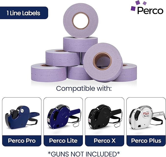 Perco 1 Line Lavender Labels - 8 Rolls, 1 Sleeve, 8,000 Blank Price and Date Gun Labels for Perco 1 Line Price and Date Guns - Made in USA