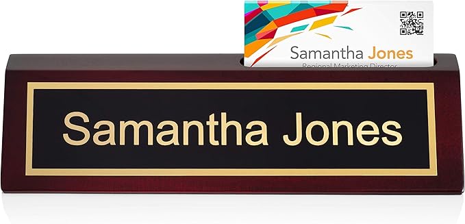 Providence Engraving Personalized Wood Desk Name Plate for Office, Custom Laser Engraving with Business Card Holder, Piano Finish Desk Wedge in Rosewood, 2x8