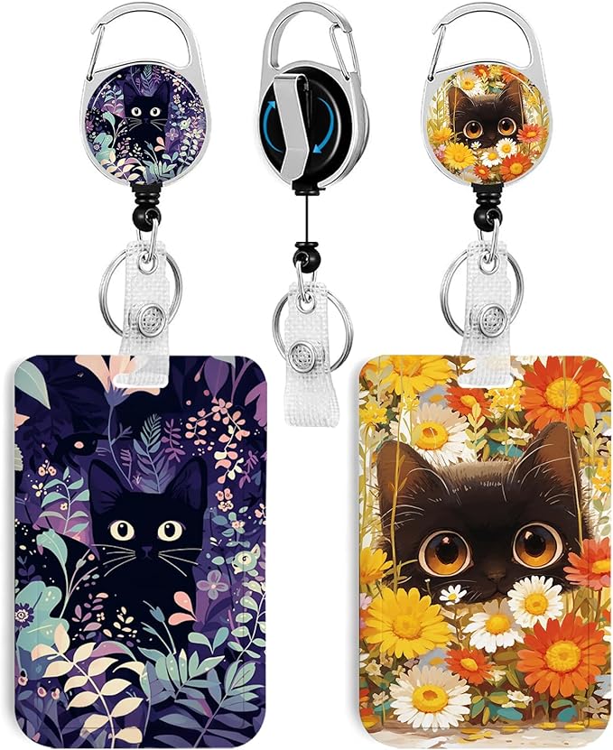2 Pack Cat Hiding in The Flowers ID Badge Holder with Heavy Duty Retractable Reel Keychain for WomenStudents,Teachers, Nurses, Office Use