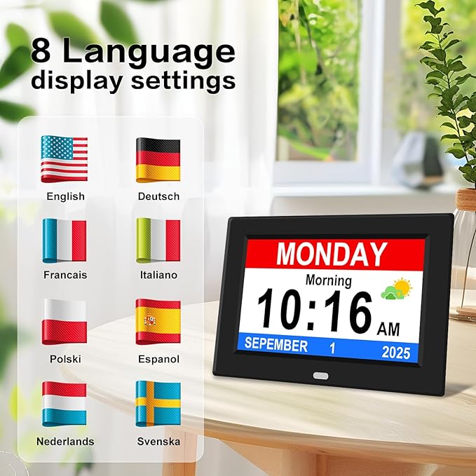 8‘’ Digital Calendar Day Clock, Gifts for People with Dementia Alzheimers, Large Display Alarms Clock for Seniors Electric Clocks with Date Day of Week 12 Alarms 4 Colors Auto DST/Dimmer