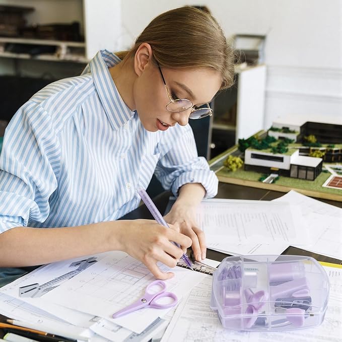 Colarr Mini Office Supply Kit Includes Stapler Tape Dispenser Staple Remover Paper Clips Scissor Staples Pen Sharpener Note Small Telescopic Knife for Office and School Clerk Student (Purple)