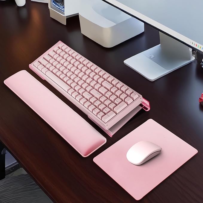Computer Keyboard Wrist Rest Bracket, Memory Foam Keyboard Wrist Rest Set, Non-Slip Silicone Base, pergonomic and Convenient Typing, ain Relief,Suitable for Office, Work, Gaming (Pink)