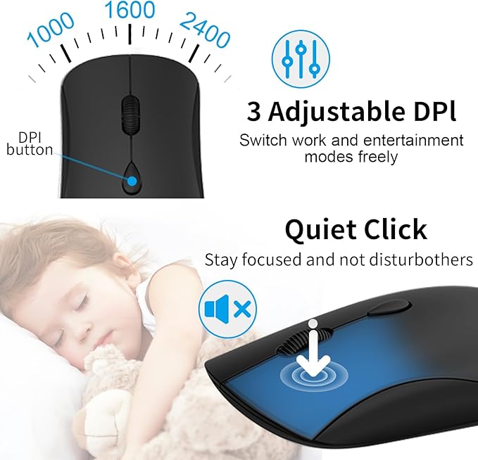 Wireless Keyboard and Mouse Combo, Silent Full-Size Computer Keyboard with Calculator Button, 2400 DPI Mice, Quiet Click, Slim Cordless USB Set for Laptop PC Windows Mac - Black