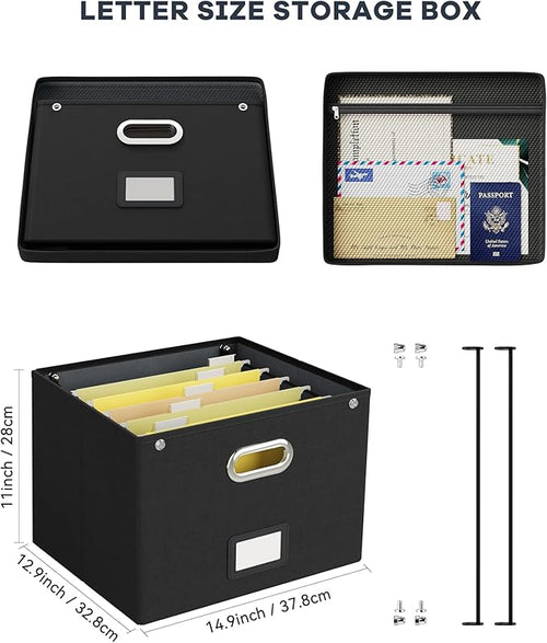 2 Pack File Organizer Box with Lid, Large Hanging Filing Box with Mesh Pocket, Document Organizer for Letter Files, Portable Storage Case for Office&Home (Black)