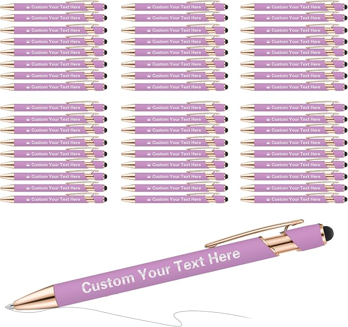 ENOMY 50 Pcs Bulk Personalized Custom Pens with Stylus Ballpoint Pens Customized with Text Logo Name Best Gift for College Business Promotion Wedding Birthday Christmas (Purple)