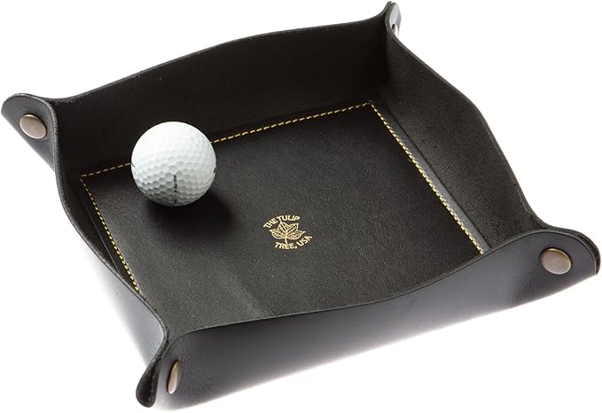USA Handmade Premium Leather Valet Tray, Folds Flat! Dice Rolling Basket and Organizer with Brass Snaps (Black Gold, Large)
