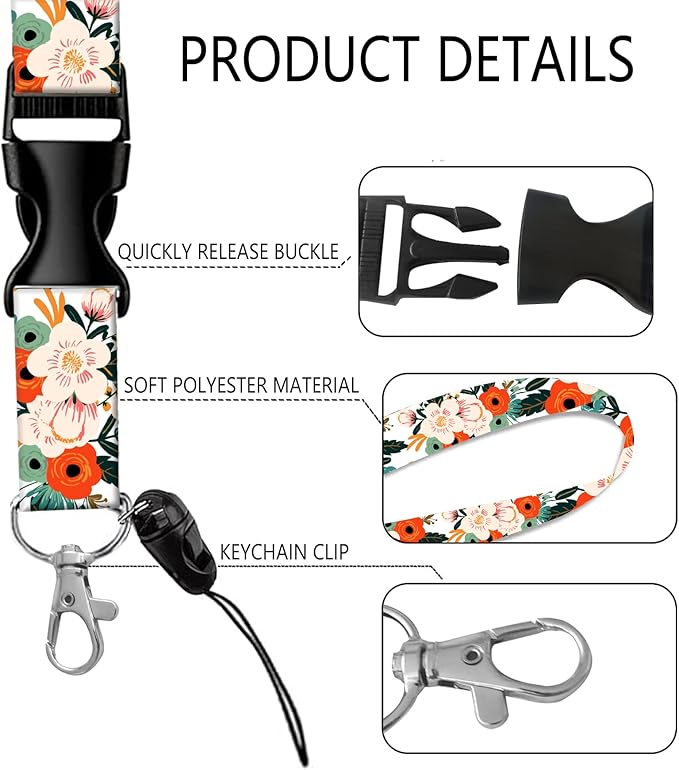 BLOCIT ID Badge Holder with Lanyard - Fashionable ID Card Holders with Retractable Lanyards - Soft Fiber Metal Clip Sturdy Buckle for Key Wallet - Work Nurse Teacher (Cute Orange Flowers)