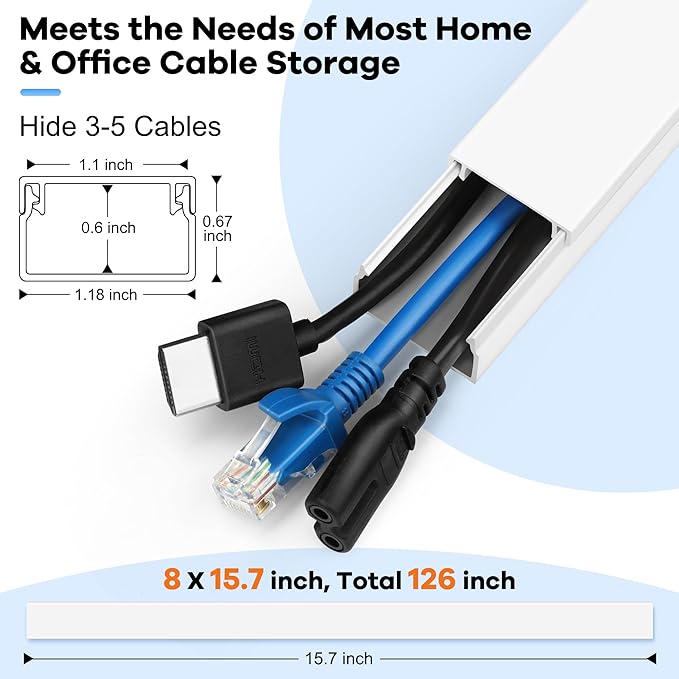 126in Cord Hider Kit, ZhiYo Wire Hiders for TV on Wall, Paintable Cable Management Kit, Wire Cover for Wall Mount TV, White Cable Raceway, Cord Cover Wire Management Kit, 8 x L15.7in W1.18in H0.67in