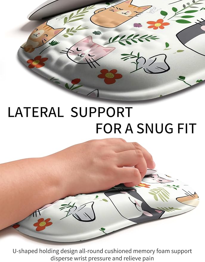 Hokafenle Ergonomic Wrist-Hugging Mouse Pad Wrist Support, U-Shaped Holding Wrist Rest Mousepad for Carpal Tunnel Pain Relief with Cushioned Memory Foam Slope Massage Bulge (10.2x8.3 in,Cute Cat)